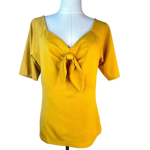 2/$30 Voodoo Vixen XXL Mustard Yellow Tie-Front Top Short Sleeve Nylon Blend - Picture 5 of 12